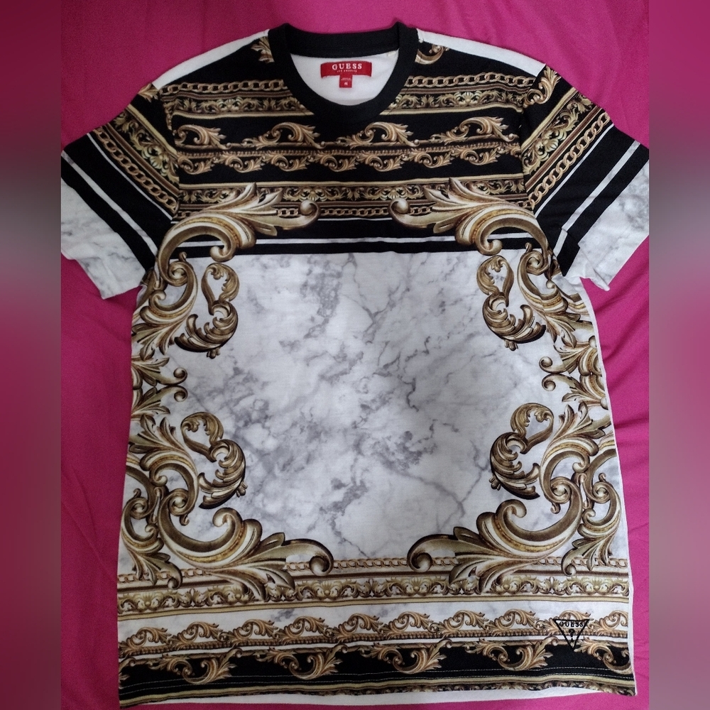🟤Men's Guess Black & Gold Marble Print T-shirt